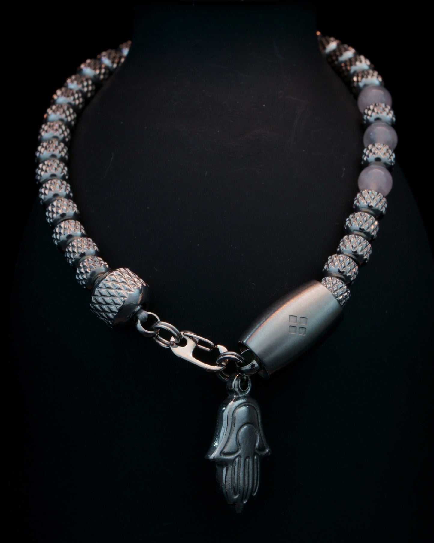 MUDRA BRACELET | RUDRAKSHA SILVER STEEL |  LIGHT PINK CHALCEDONY THREE DOTS