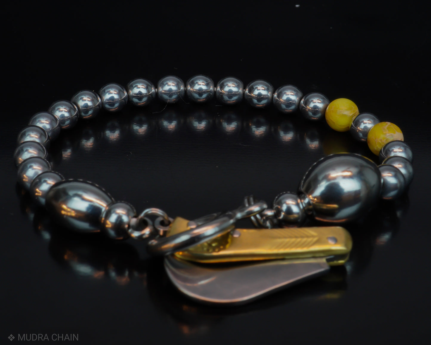 SIKH BRACELET | SILVER HEMATITE BEADS | YELLOW GEMS | 6MM