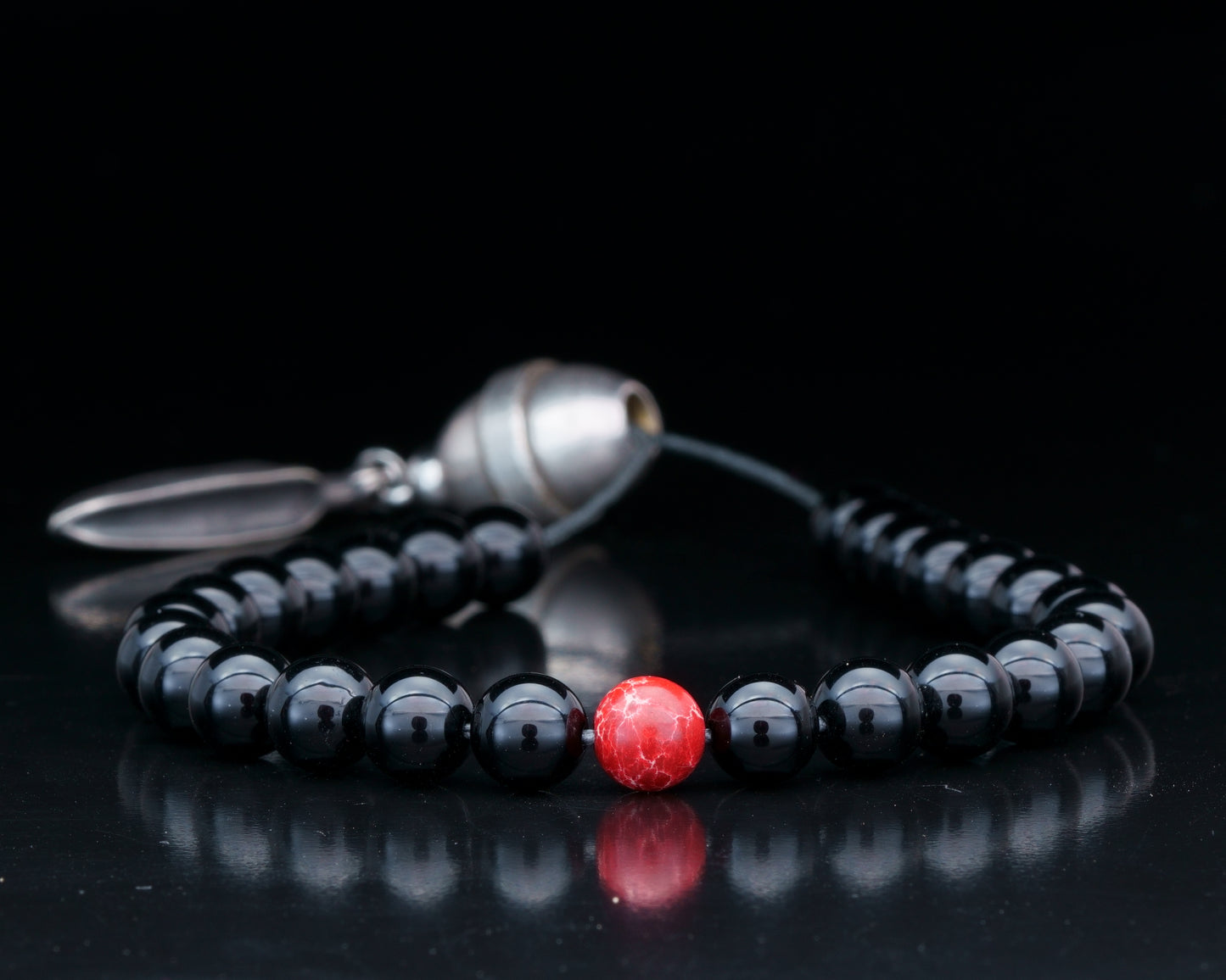 ROYAL MUDRA | DZI 1976'S GREEK BEAD | BLACK TOURMALINE . RED GEM | 8MM
