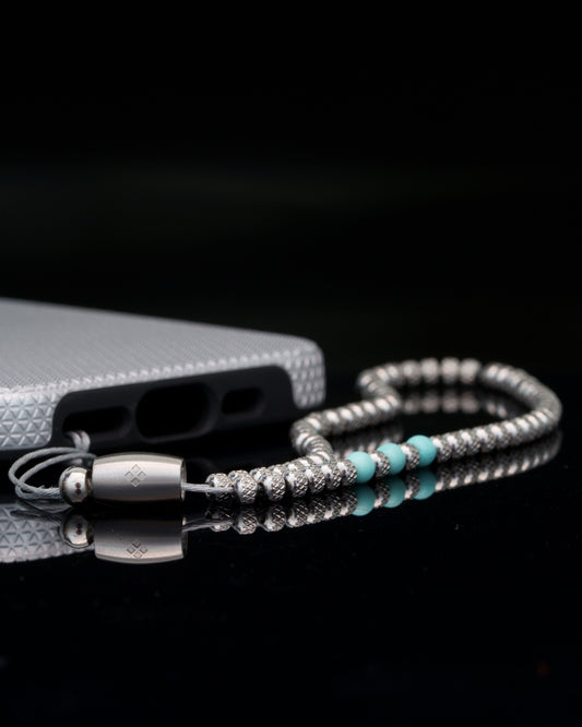 BANDHA PHONE CHARM | RUDRAKSHA SILVER STEEL | TOURQUIZE SHELL GEM | 4MM