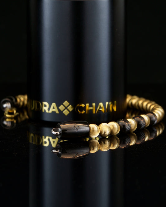 GOLD MUDRA BRACELET | 24K CATEYE GOLD|  BLACK STEEL GEMS | 5/6MM