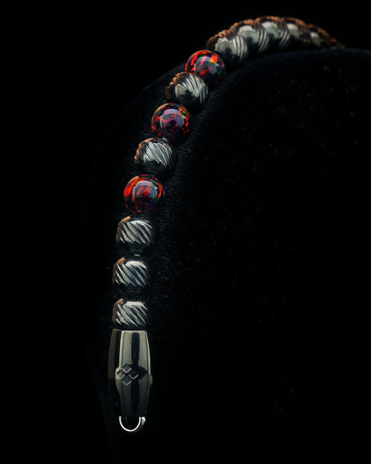 MUDRA BRACELET | BLACK STEEL OBLIQUE TEXTURE | DARK RED OPAL GEMS