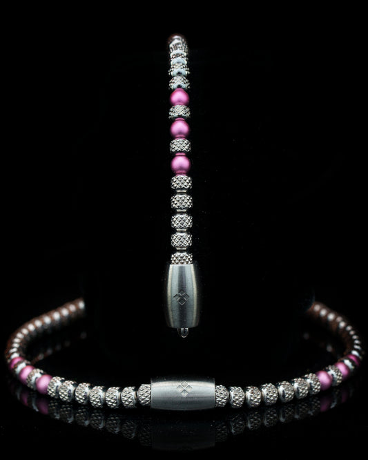 KNIPO NECKLACE  | SILVER STEEL RUDRAKSHA TEXTURE | 2X3 DOTS | PINK ANODIZED ALUMINUM | 4MM