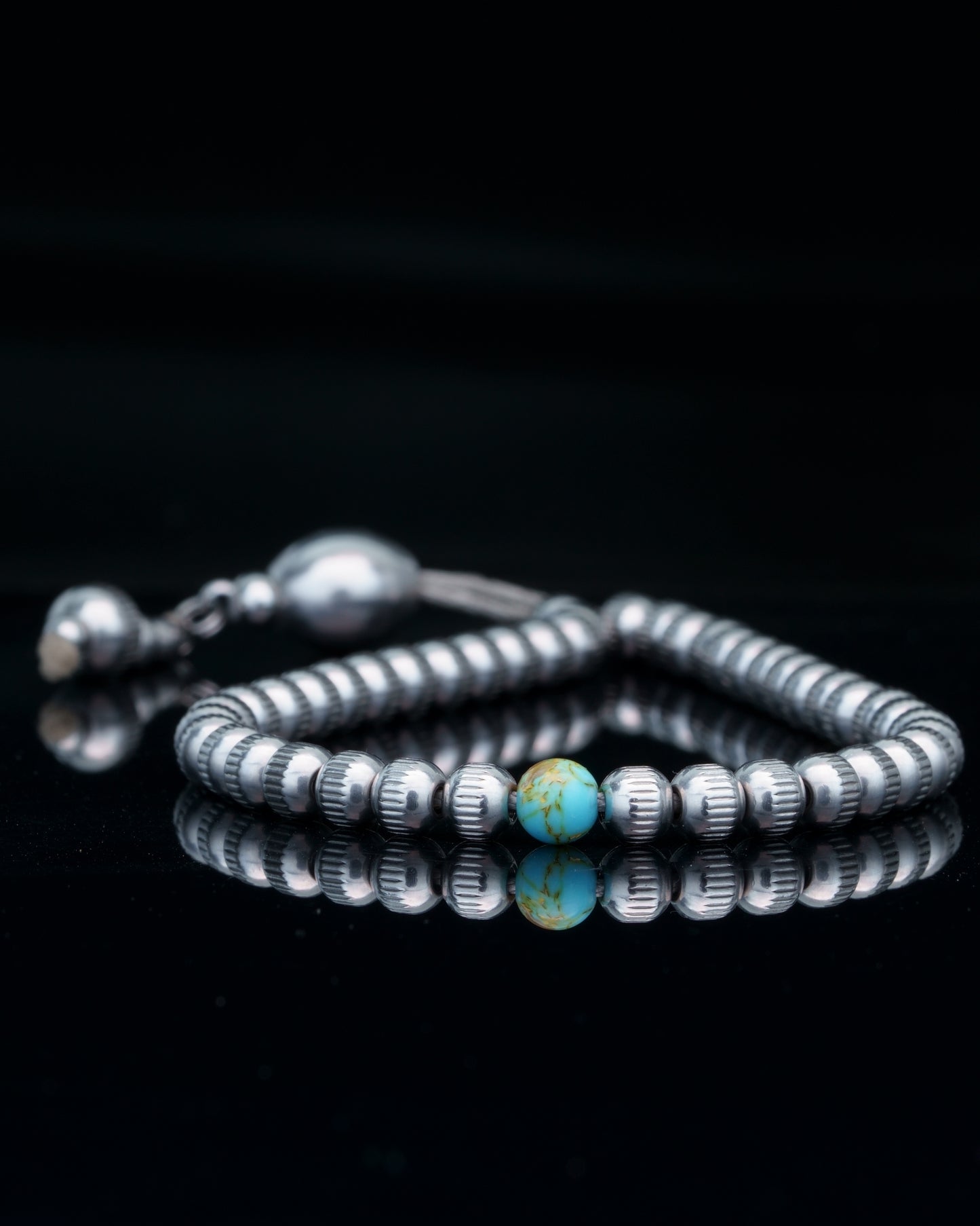 ROYAL MUDRA CHAIN | SILVER STRAIGHT LINE STEEL BEADS | TURQUOISE GEM | 6MM