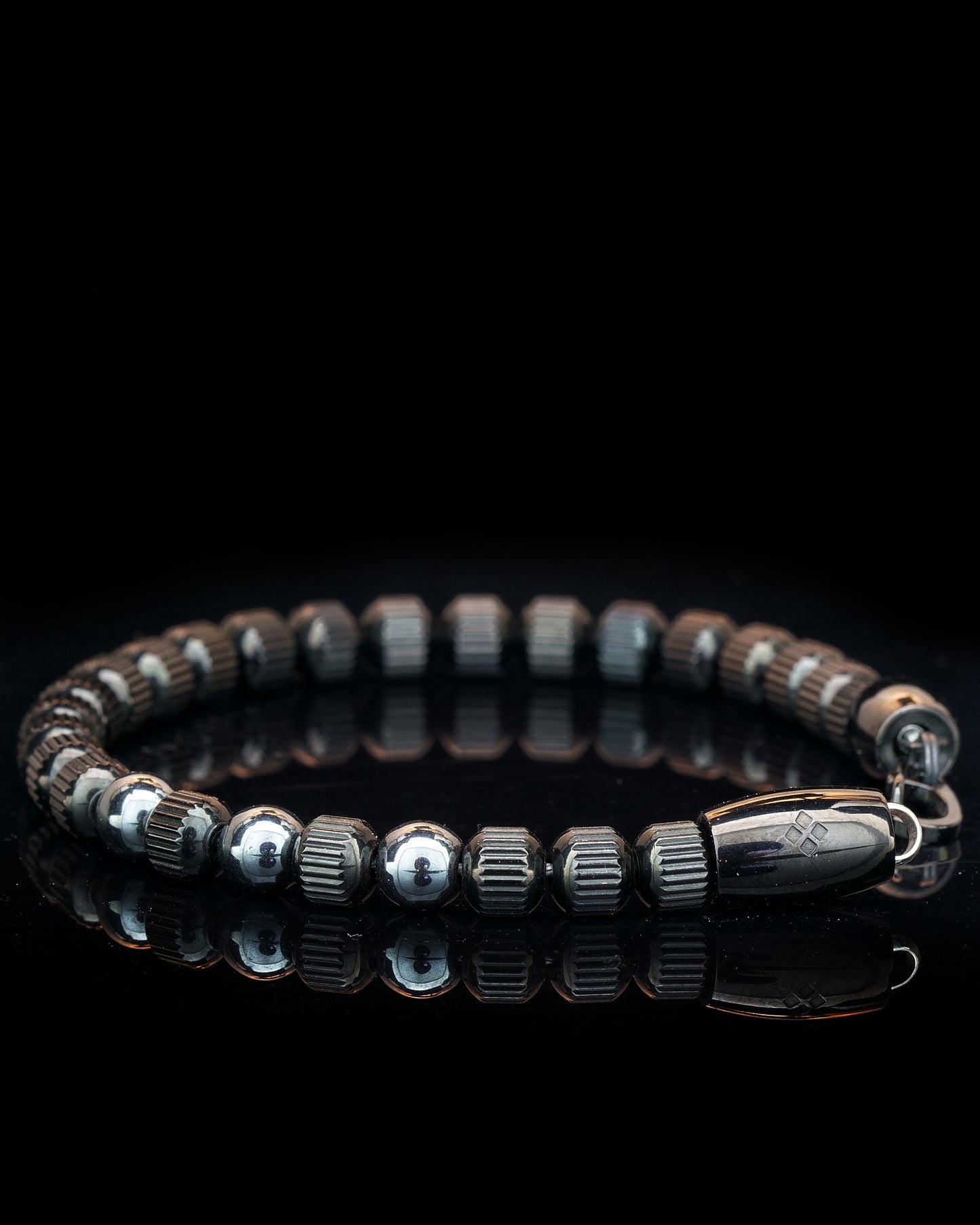 MUDRA BRACELET | BLACK LINED STEEL BEADS | 3 STEEL GEM