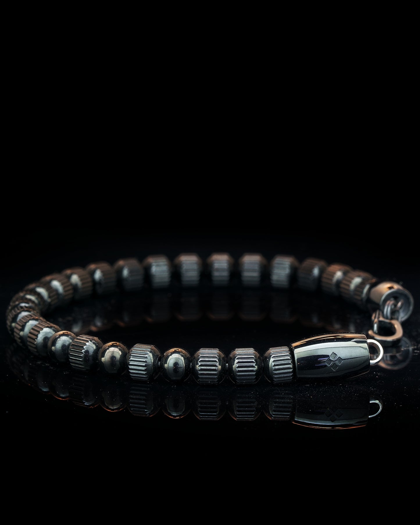 MUDRA BRACELET | BLACK LINED STEEL BEADS | 3 STEEL GEM