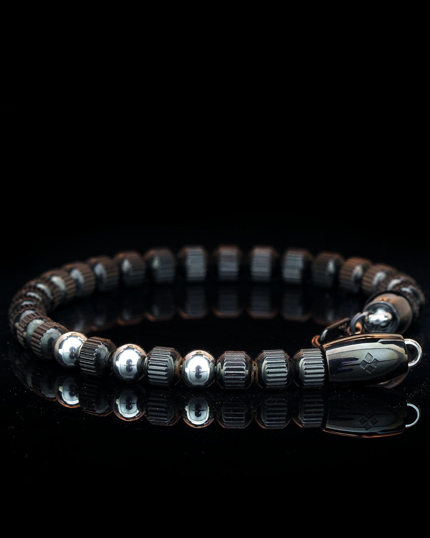 MUDRA BRACELET | BLACK LINED STEEL BEADS | 3 STEEL GEM