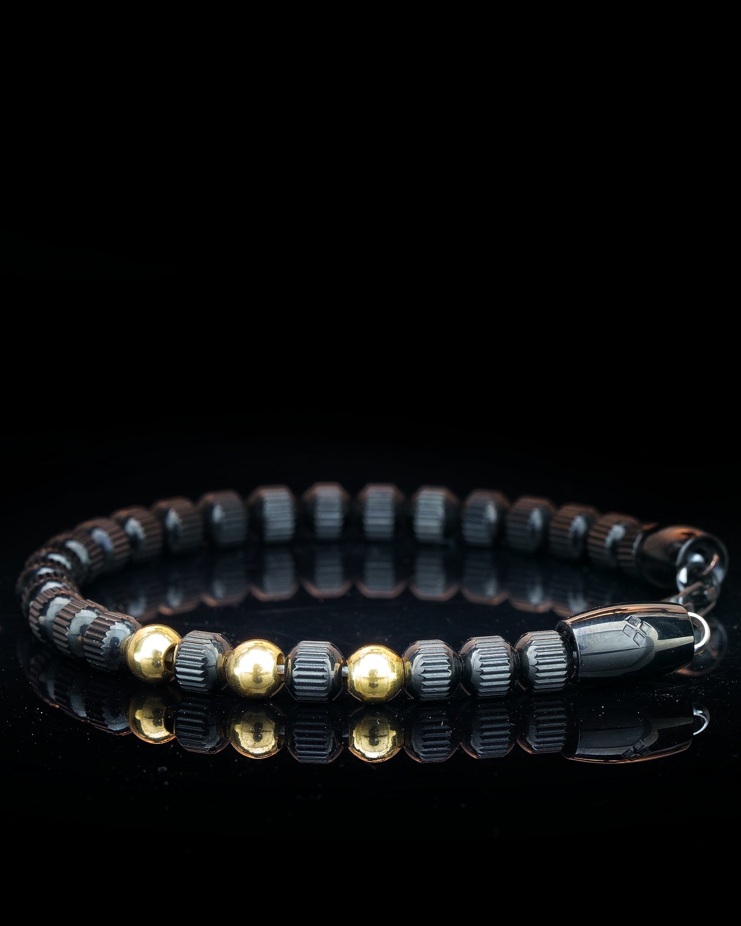 MUDRA BRACELET | BLACK LINED STEEL BEADS | STEEL THREE DOTS