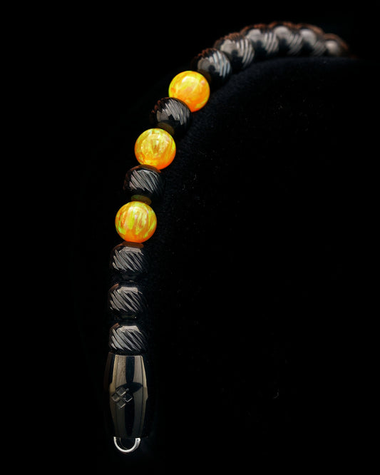 MUDRA BRACELET | BLACK STEEL OBLIQUE TEXTURE | YELLOW OPAL GEMS