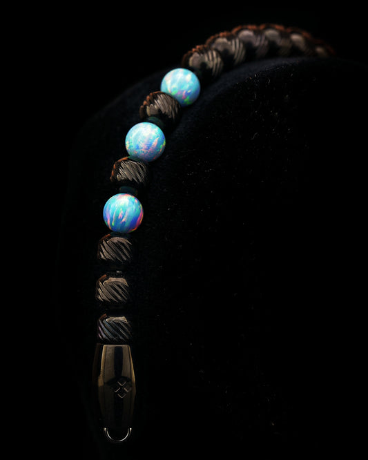 MUDRA BRACELET | BLACK STEEL OBLIQUE TEXTURE | LIGHT BLUE OPAL GEMS