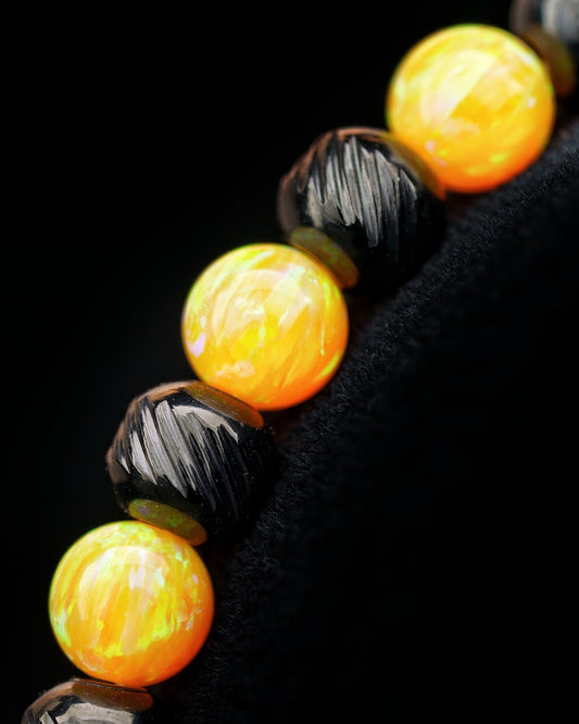 MUDRA BRACELET | BLACK STEEL OBLIQUE TEXTURE | YELLOW OPAL GEMS