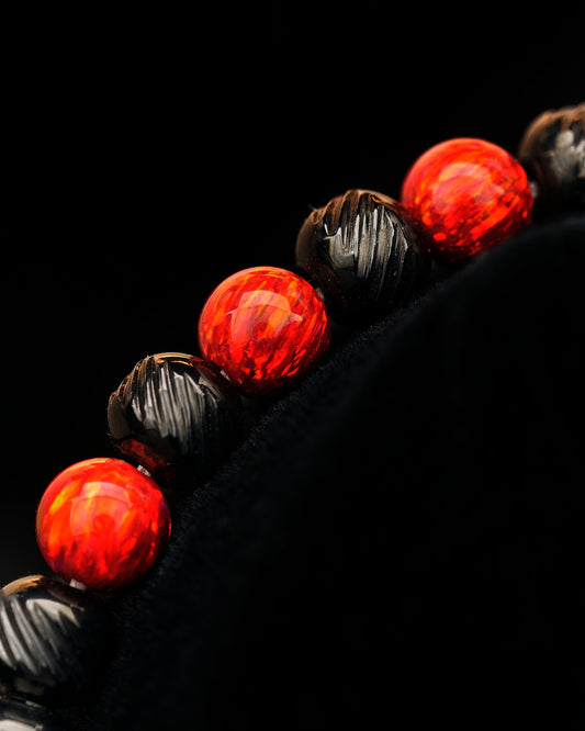 MUDRA BRACELET | BLACK STEEL OBLIQUE TEXTURE | RED OPAL GEMS