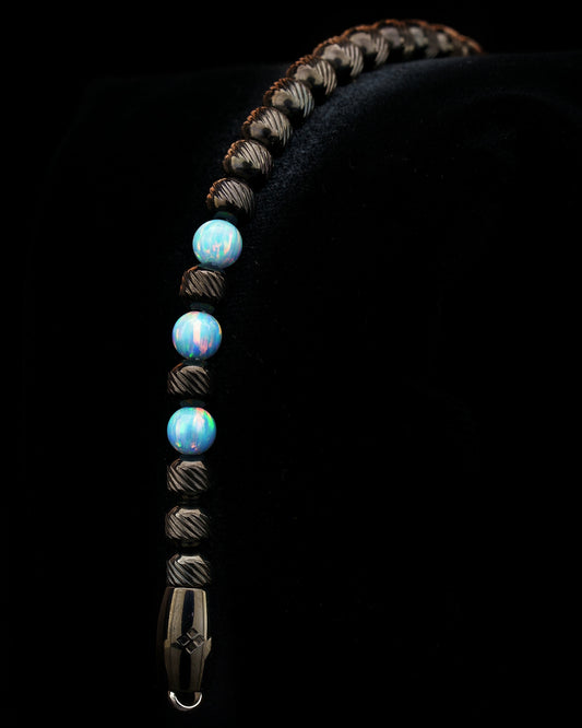 MUDRA BRACELET | BLACK STEEL OBLIQUE TEXTURE | LIGHT BLUE OPAL GEMS