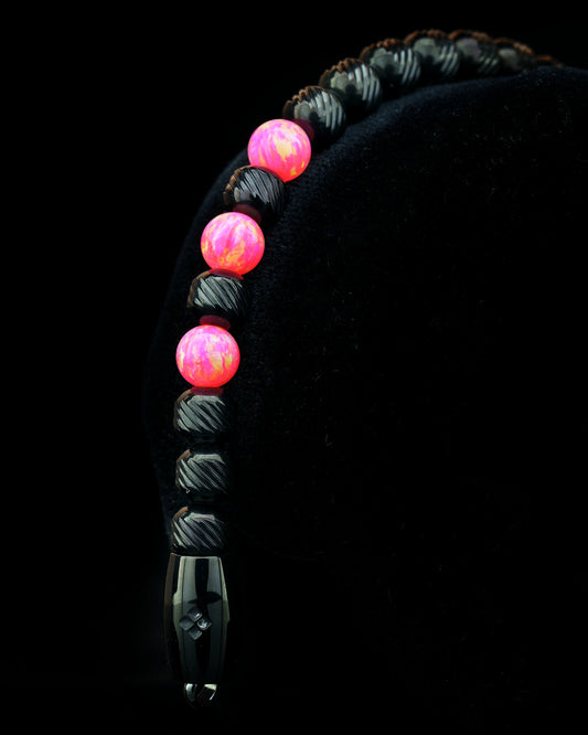 MUDRA BRACELET | BLACK STEEL OBLIQUE TEXTURE | PINK OPAL GEMS