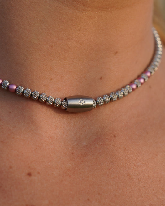 KNIPO NECKLACE  | SILVER STEEL RUDRAKSHA TEXTURE | 2X3 DOTS | PINK ANODIZED ALUMINUM | 4MM