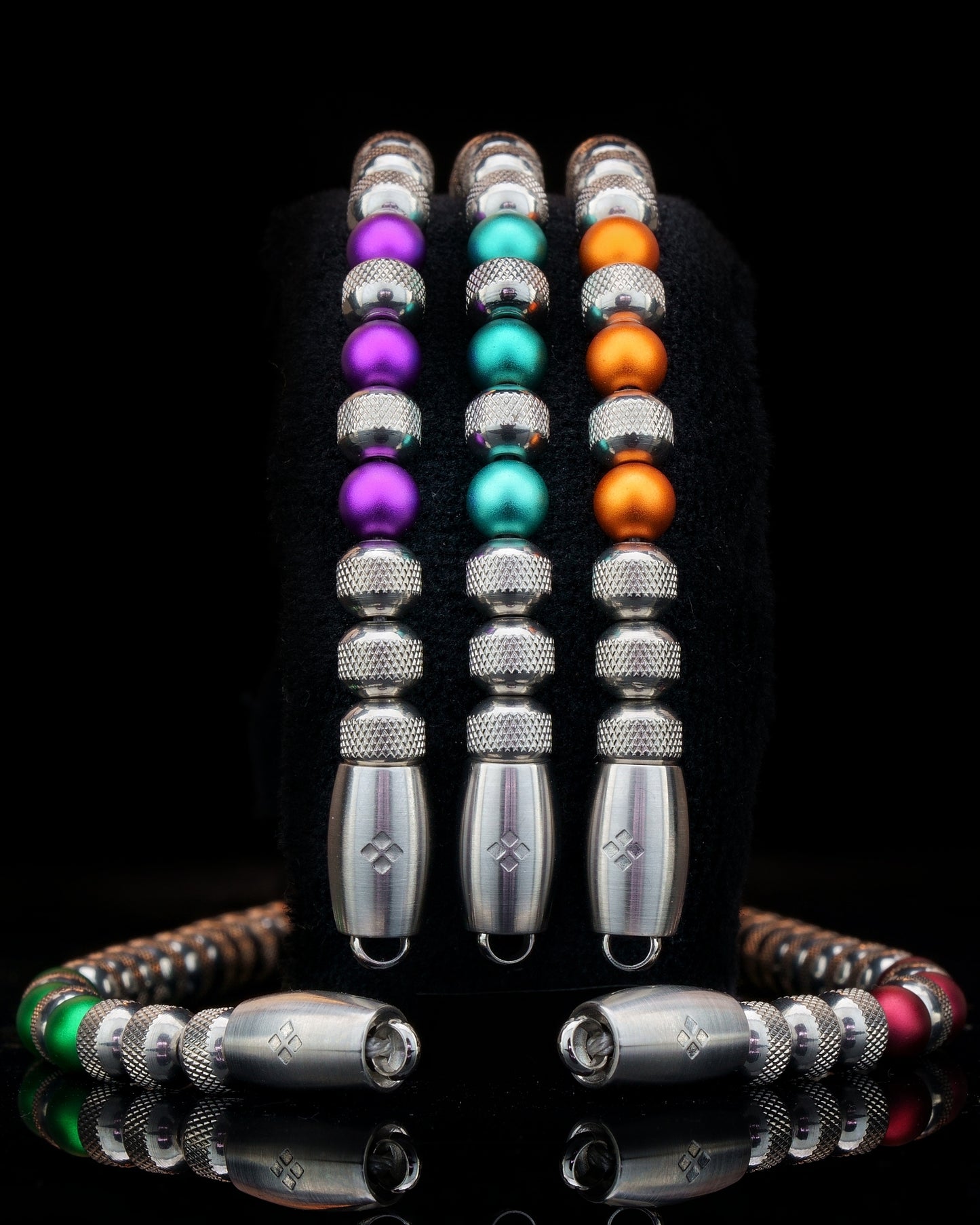 SILVER MAMBA BRACELET⬩ RUDRAKSHA TEXTURE⬩ PURPLE ANODIZED ALUMINUM THREE DOTS