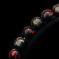 closer look on a stainless steel bracelet with genuine, dark red three dots gemstones, black oblique texture. different kind of closures, clasps 5/6mm, playable for men and women. Mudra chain classic every day jewelry.