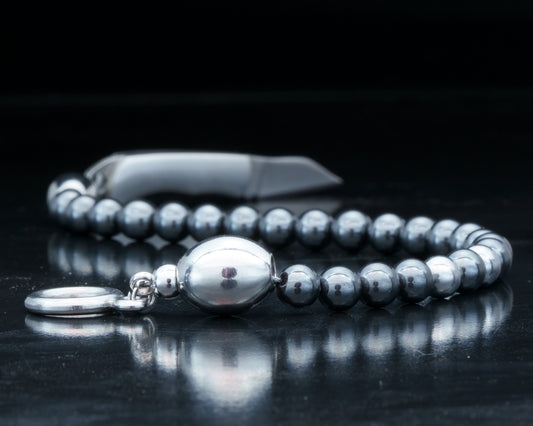 SIKH BRACELET | DARK GRAY HEMATITE STONE | 2 SILVER DOTS