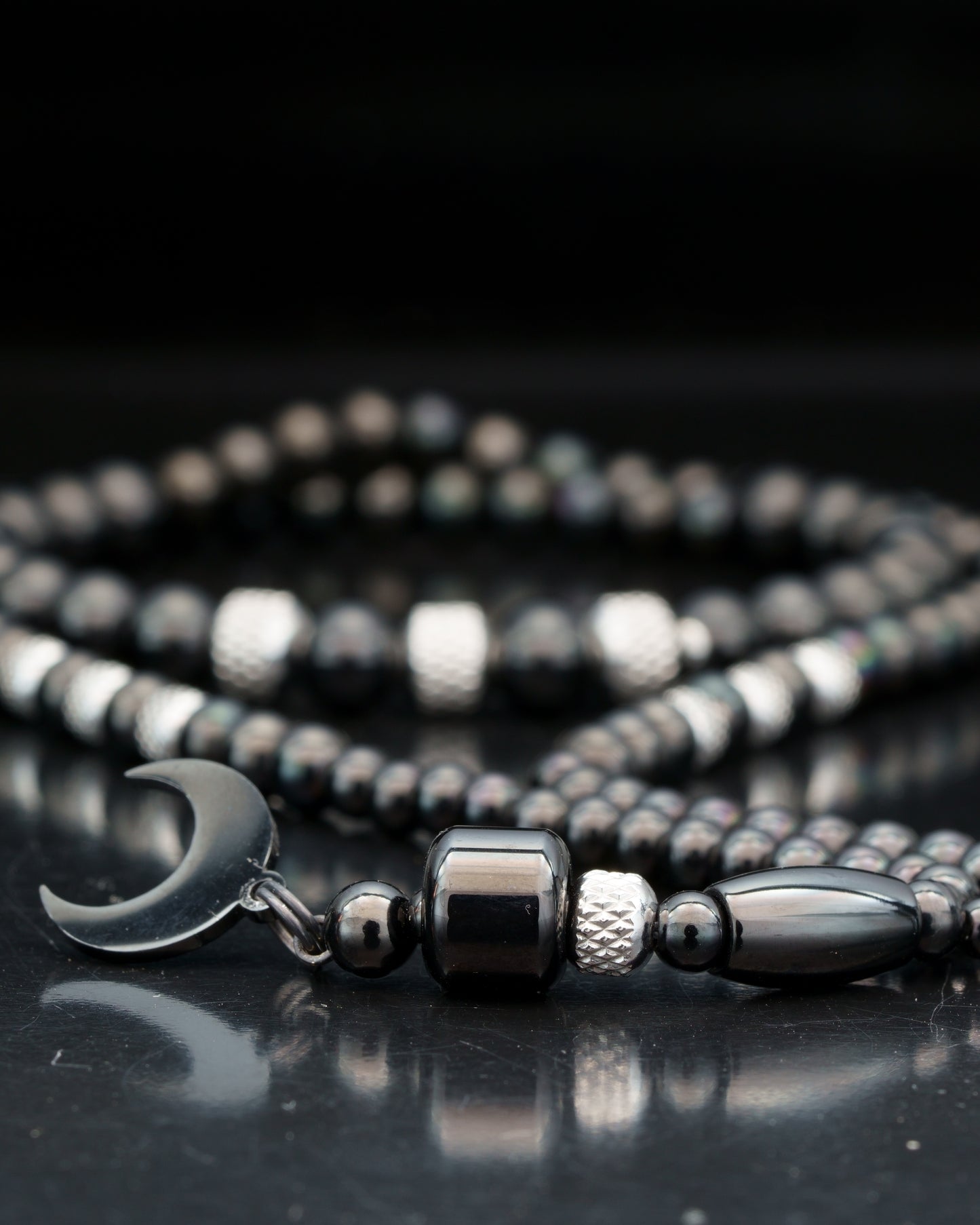 HARA NECKLACE | BLACK STEEL BEADS | 3 DOTS | CRESCENT PENDANT