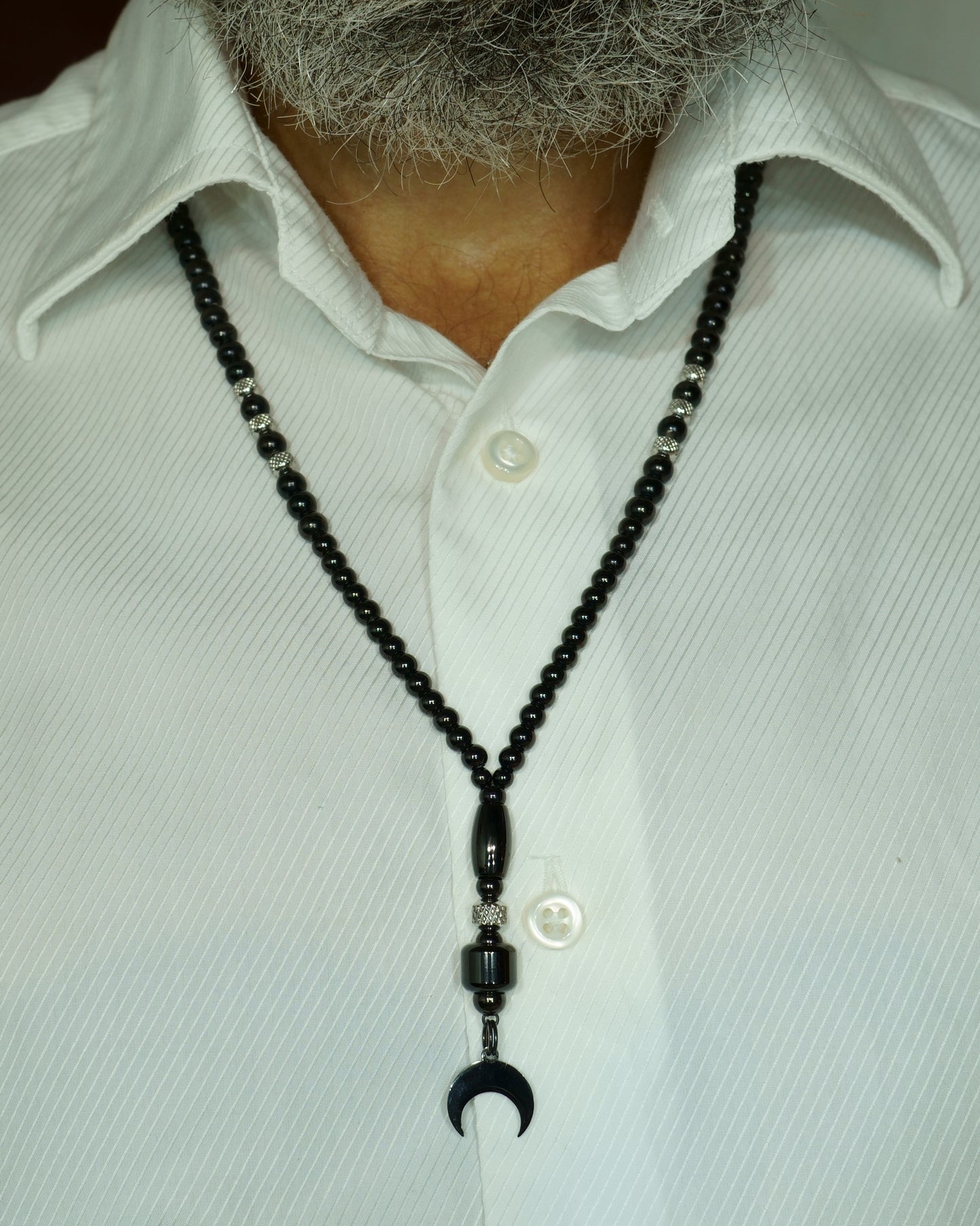 HARA NECKLACE | BLACK STEEL BEADS | 3 DOTS | CRESCENT PENDANT