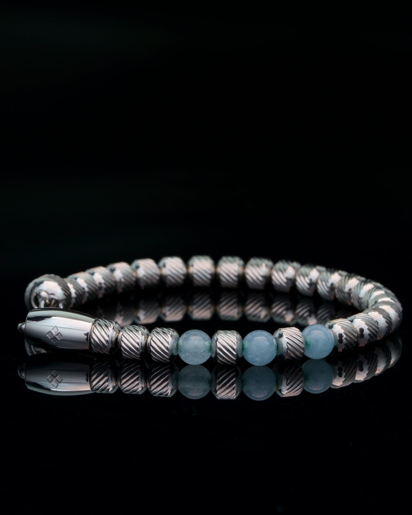 MUDRA BRACELET | SILVER OBLIQUE STEEL | LIGHT BLUE CHALCEDONY GEM | 6MM