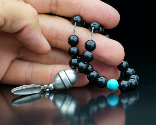 ROYAL MUDRA | DZI 1976'S GREEK BEAD | BLACK TOURMALINE | BLUE GEM | 8MM