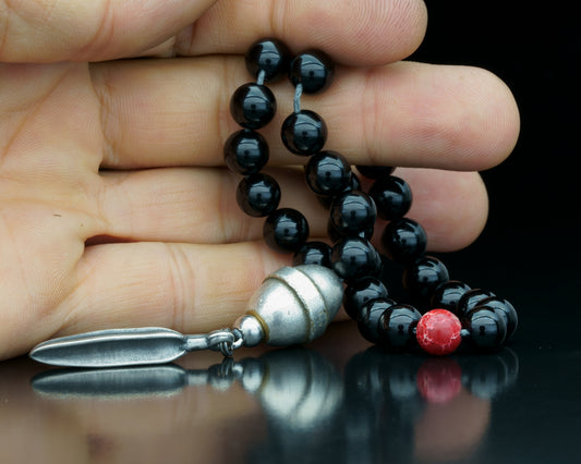 ROYAL MUDRA | DZI 1976'S GREEK BEAD | BLACK TOURMALINE . RED GEM | 8MM