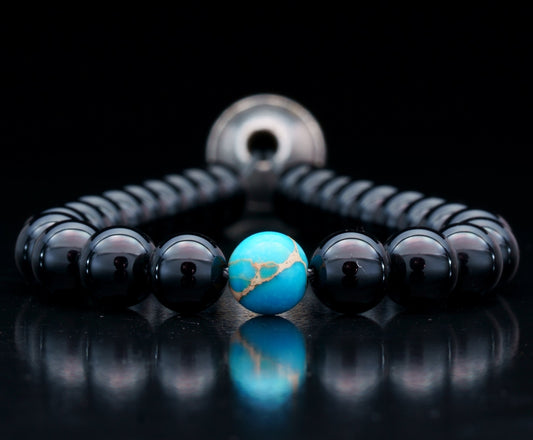 ROYAL MUDRA | DZI 1976'S GREEK BEAD | BLACK TOURMALINE | BLUE GEM | 8MM